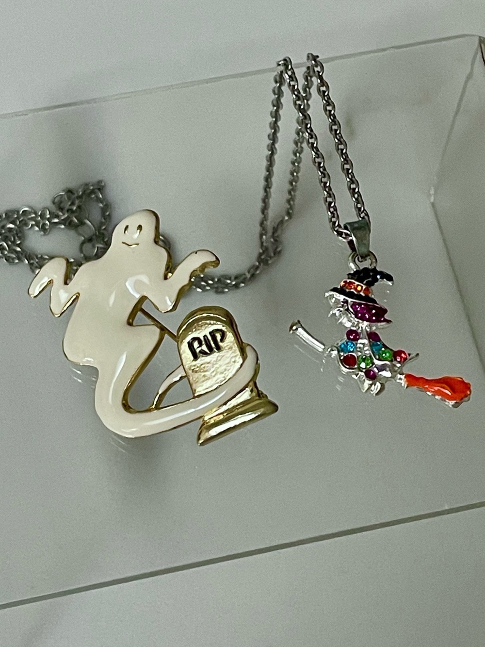 Halloween 70s SFJ Enamel Ghost Pin Brooch and Colorful Rhinestone Witch Necklace